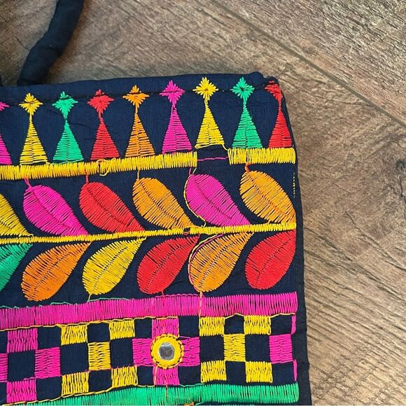 Multicolored Tote with Floral Elephant Motifs from India,decorative bead handle - Picture 4 of 13